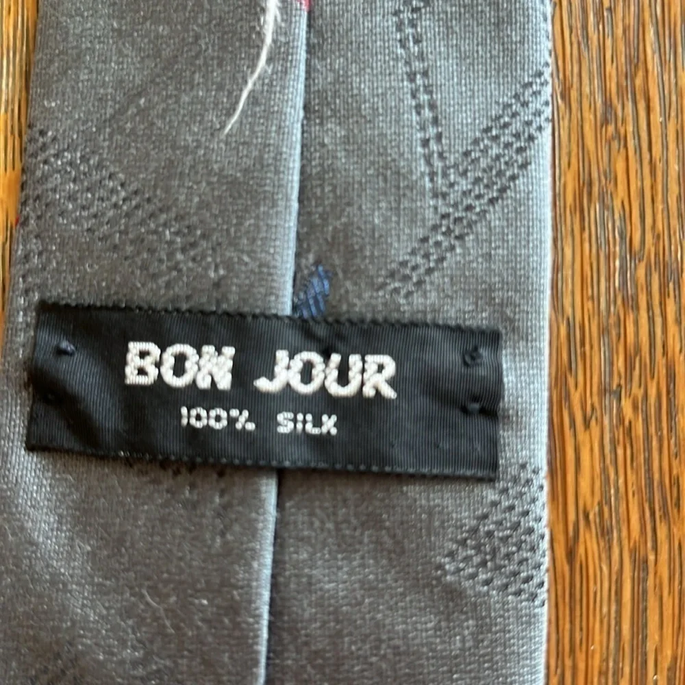 Bon Jour 100% Silk Tie Gray with Blue and Red Hearts Stitching Detail.